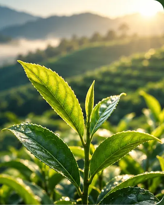 Frische Teeblätter mit Tau vor einer Teeplantage im Morgenlicht