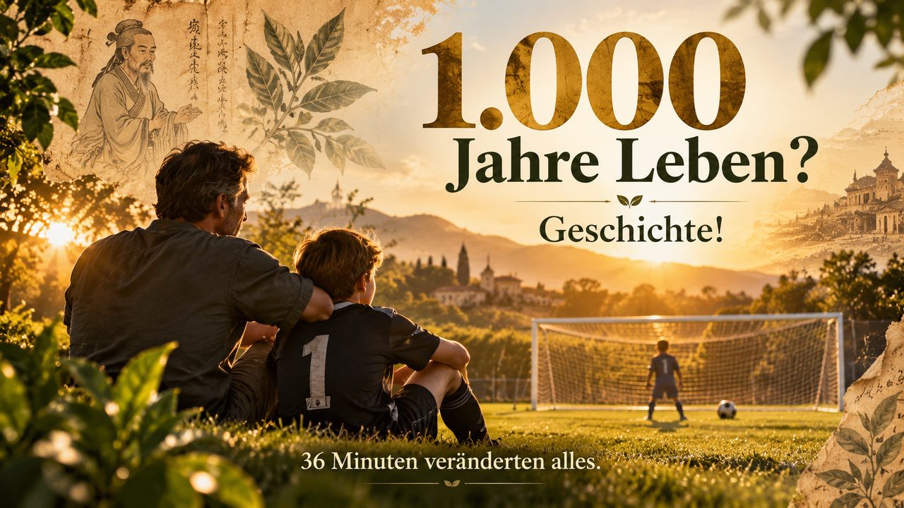 Illustration: Ein Vater und sein Sohn im Torwarttrikot sitzen im goldenen Abendlicht am Rand eines Fußballplatzes; dahinter Teeblätter, eine alte Schriftrolle und eine Hügellandschaft.