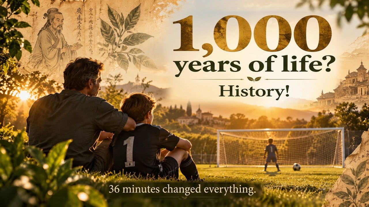 Illustration: A father and his son in a goalkeeper’s jersey beside a football pitch in golden evening light, with tea leaves, an old scroll and hills in the background. The artwork reads: 1,000 years of life? History! 36 minutes changed everything.